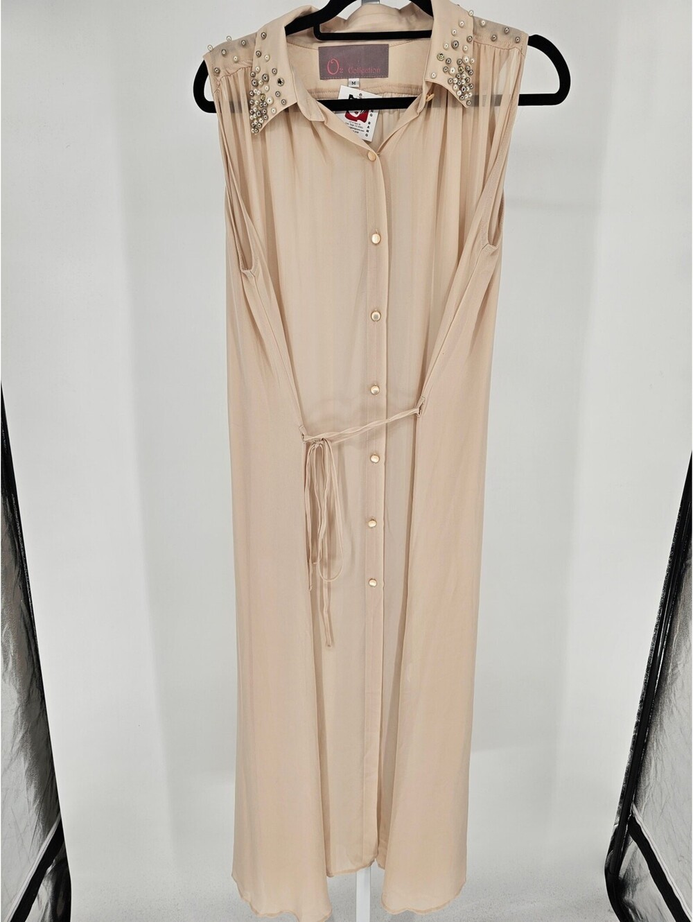 O2 Collection Womens Sz M MAxi length Dress Button Up Sheer Beaded NEW